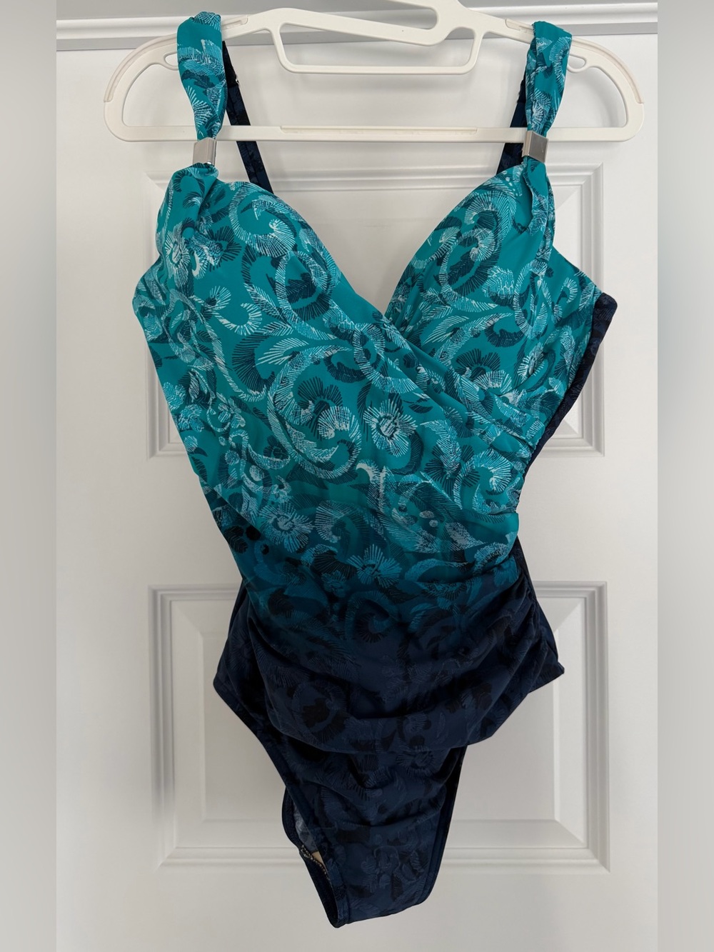 MIRACLESUIT Siren One Piece Swimsuit Teal Navy Floral Ruched Crossover - Size 12